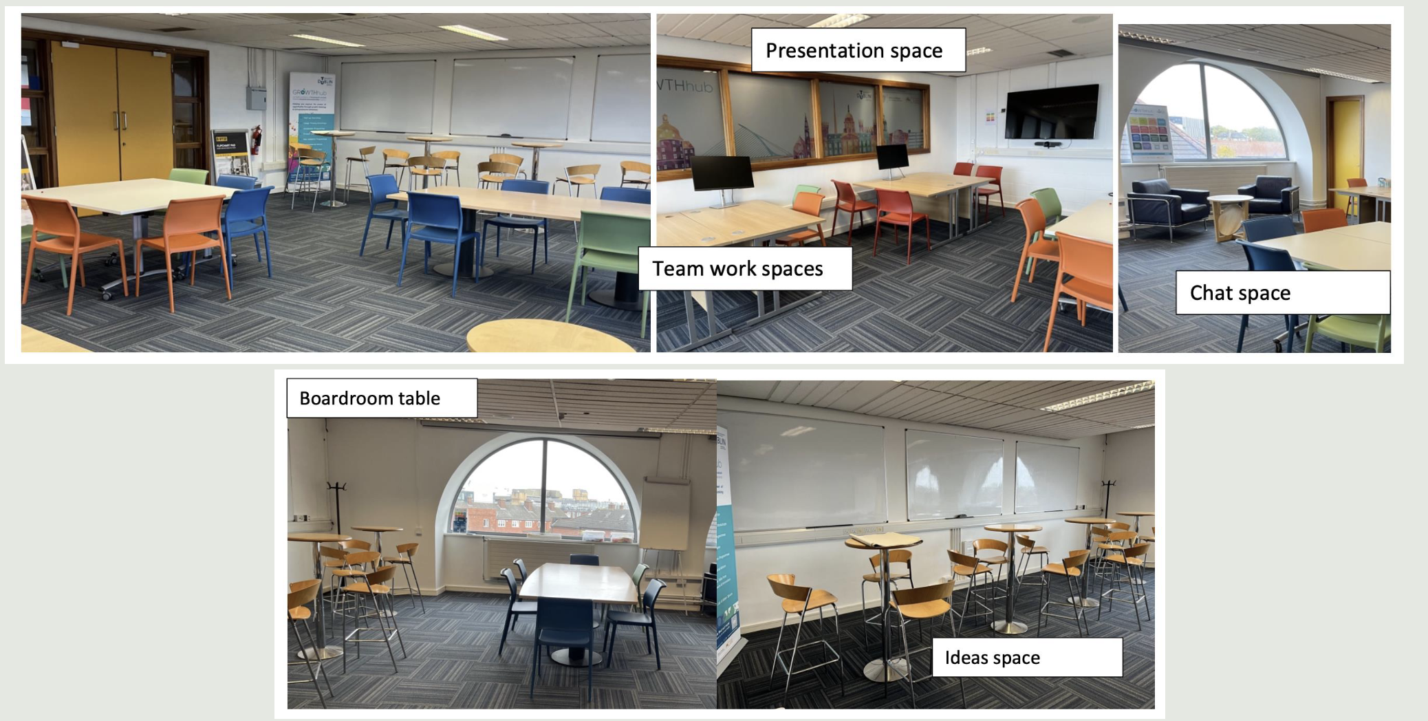 Images of the spaces in the Ideation lab like the tables and chairs location