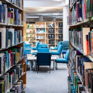A view between the bookshelves in Bolton Street Library