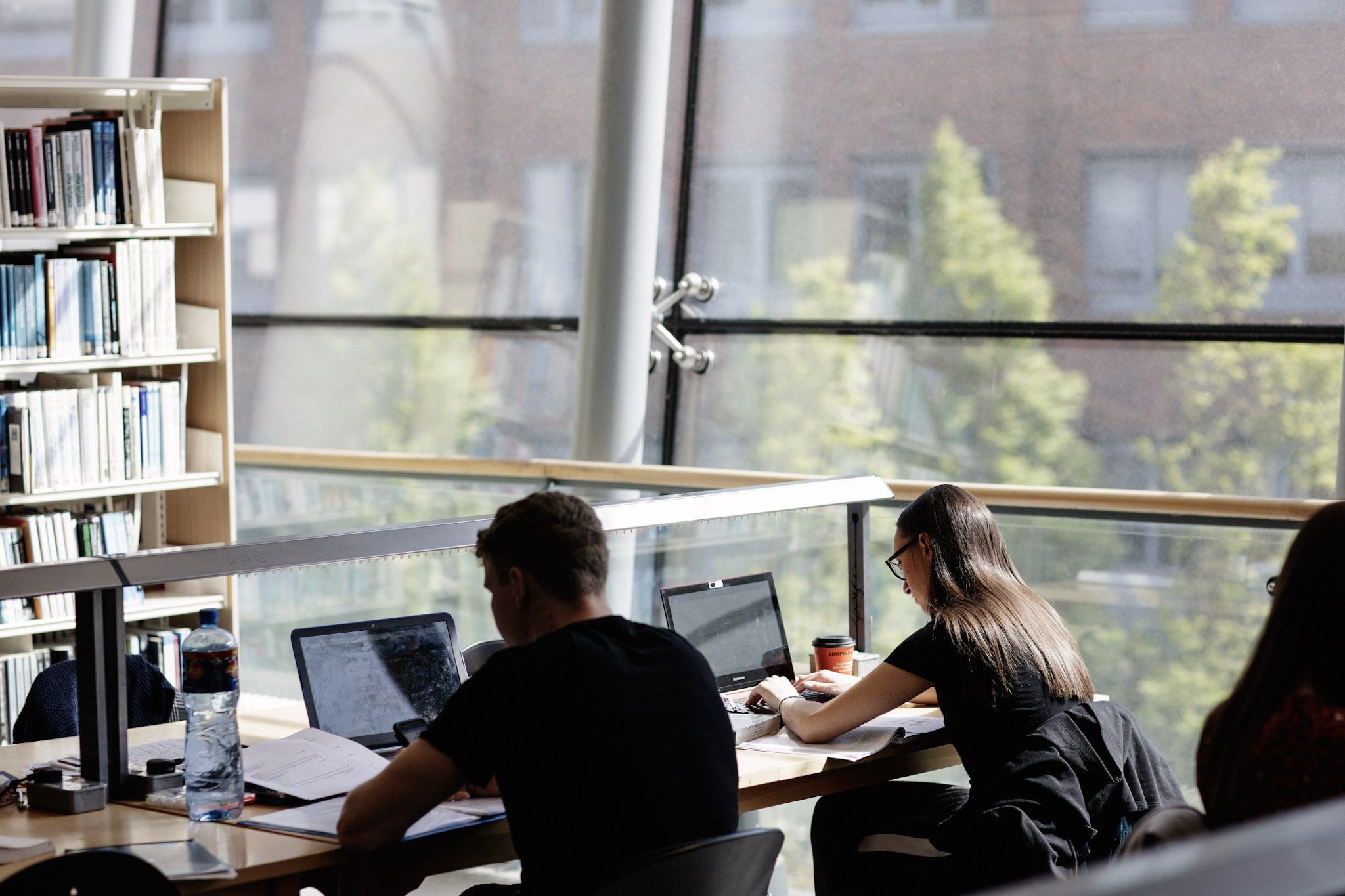 Two students studying in library with sunlight