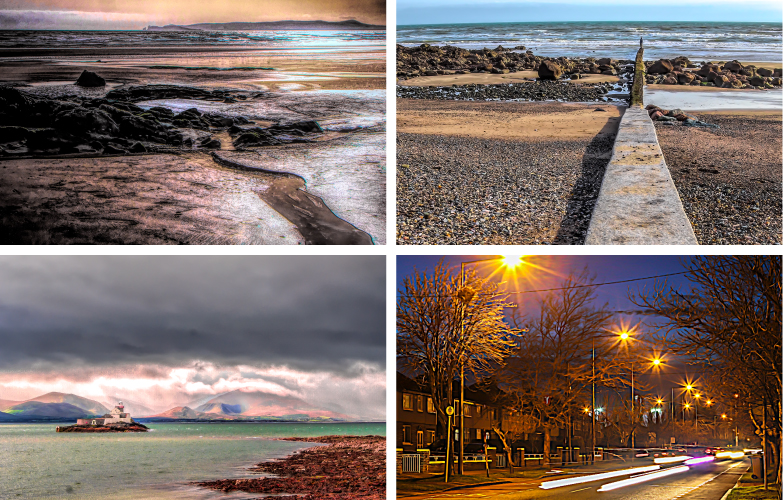 Beach, sea, clouds and street lights