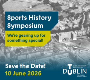 Aerial view of a university campus with text announcing the Sports History Symposium. 'Save the Date: 10 June 2026' in bold yellow font.
