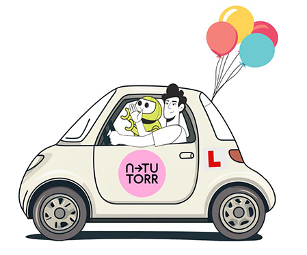 A student an AI Robot setting off in a small car with a learner badge