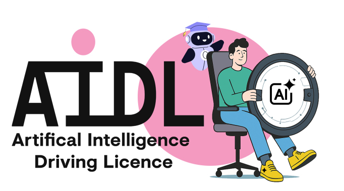 The Logo for the Artificial Intelligence Driving License. It features a male student controlling a wheel labelled 'AI', accompanied by a small floating purple robot.