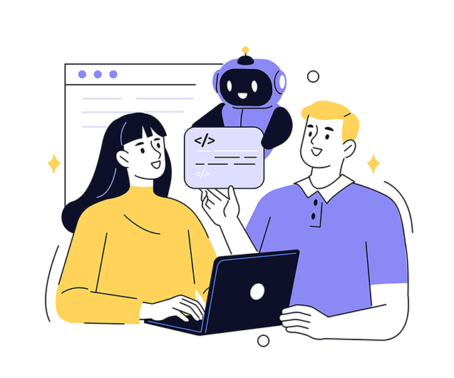 Two people sitting with a laptop computer communicating with a small robot representing GenAI