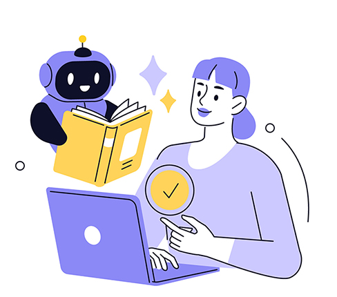 A woman sits at a laptop collaborating with a small robot who is reading from a book
