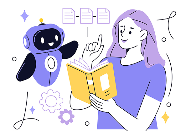A man woman reading a book and discussing ideas with a small robot representing GenAI