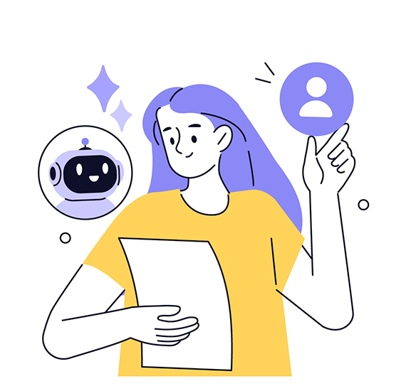 A man woman holding a document looking at a small robot representing GenAI