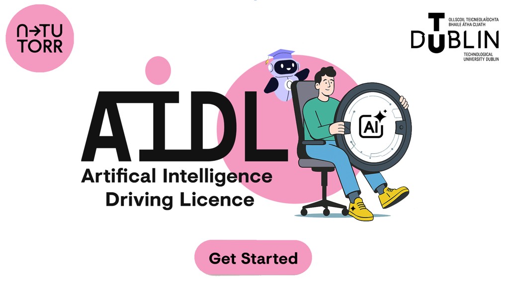 Artificial Intelligence Driving License Logo with Student at Steering wheel guided by small robot representing Gen AI