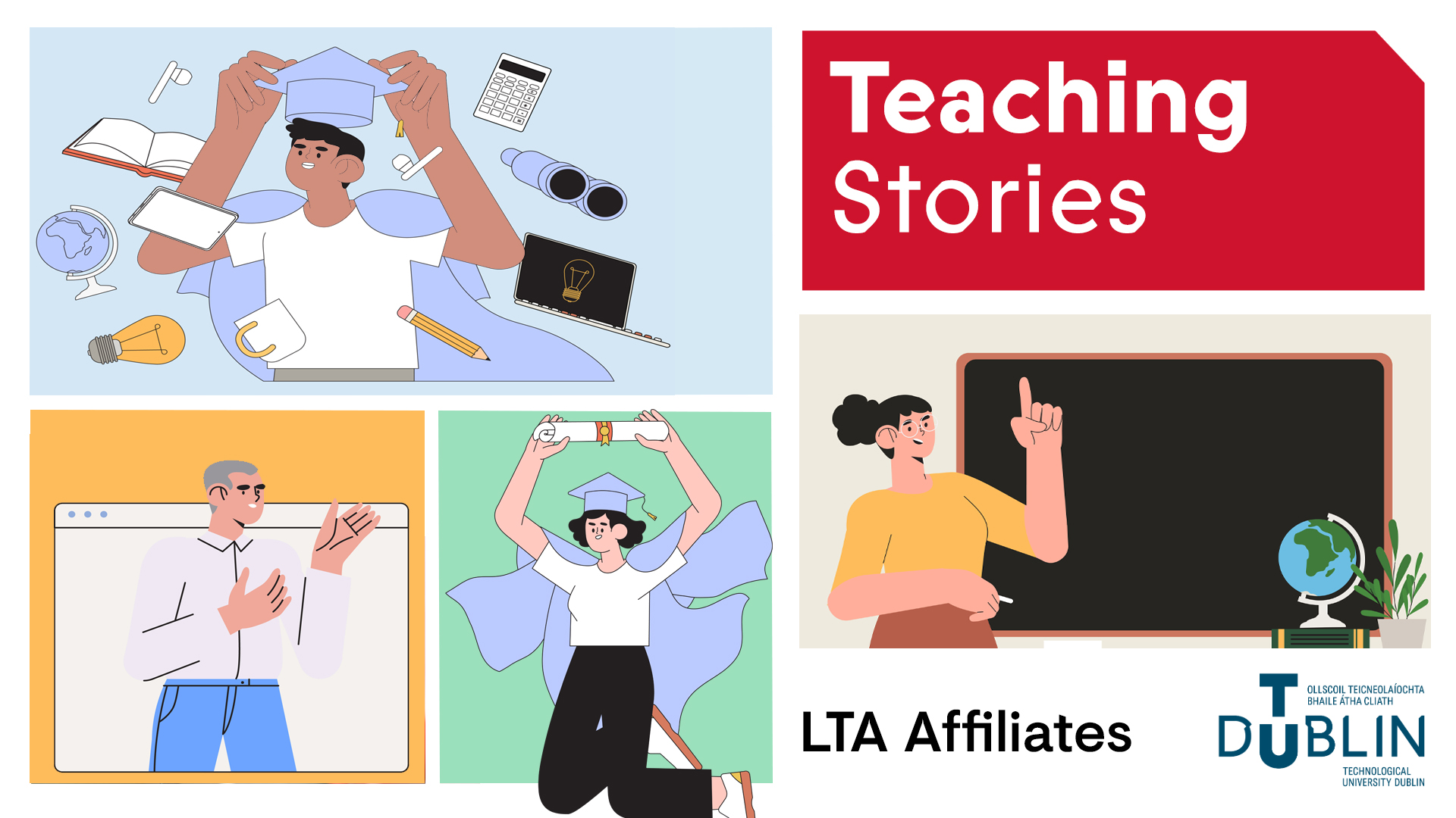 Decorative image for 'Teaching Stories' initiative. Feature four illustrations of educators at work and achieving success