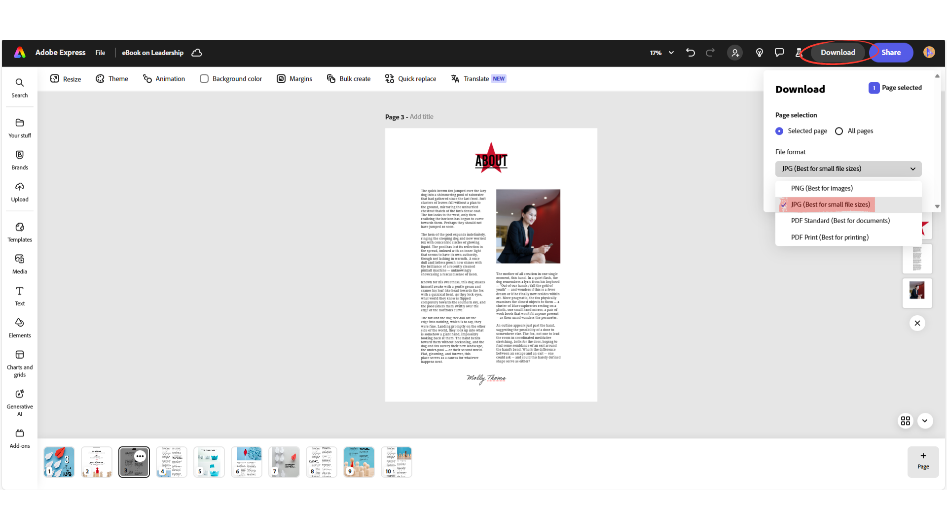 A screenshot showing the Download window in the interface of Adobe Express.