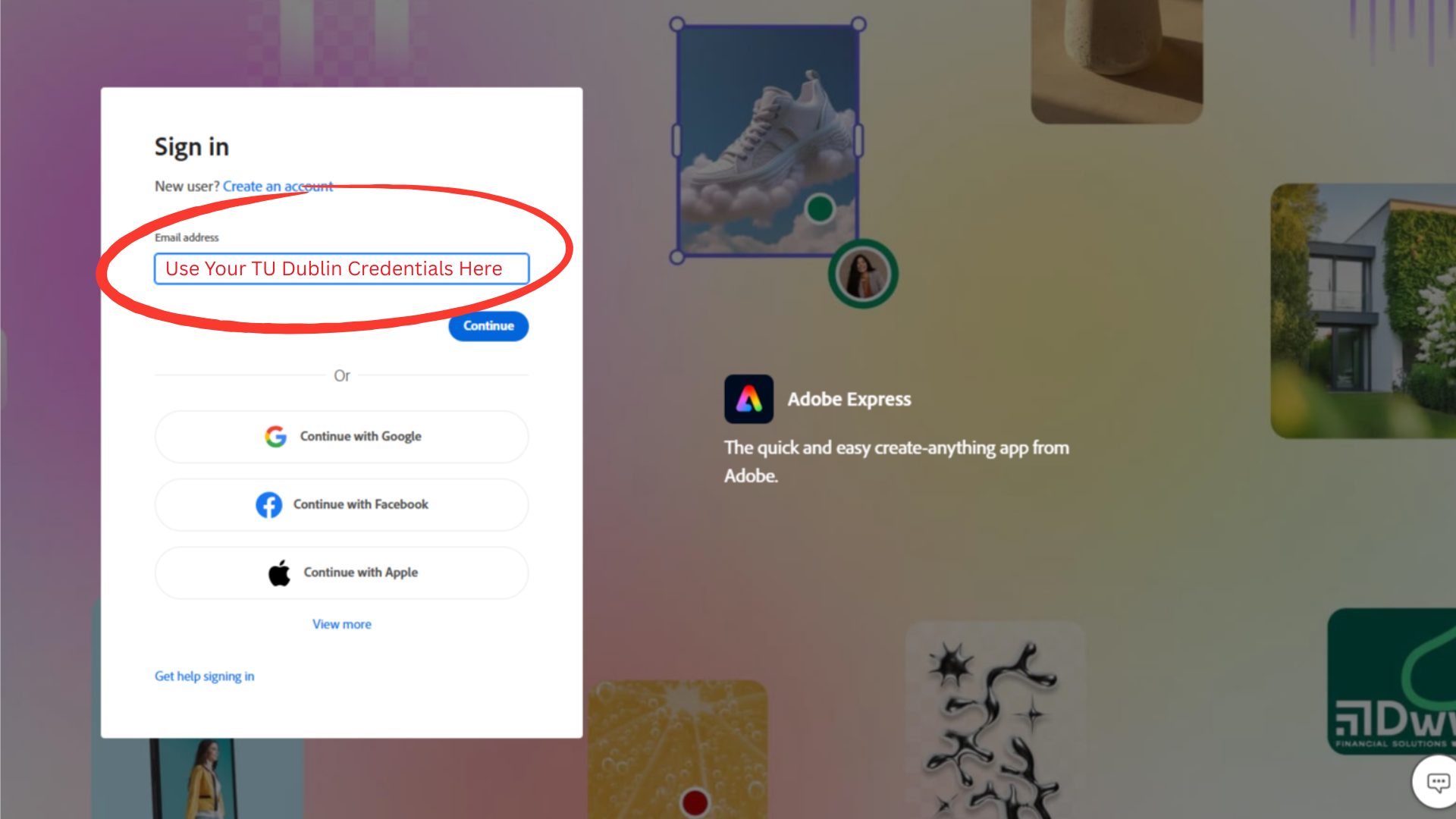 A screenshot of the Adobe Express browser login page with a red circle highlighting the area to enter login credentials.