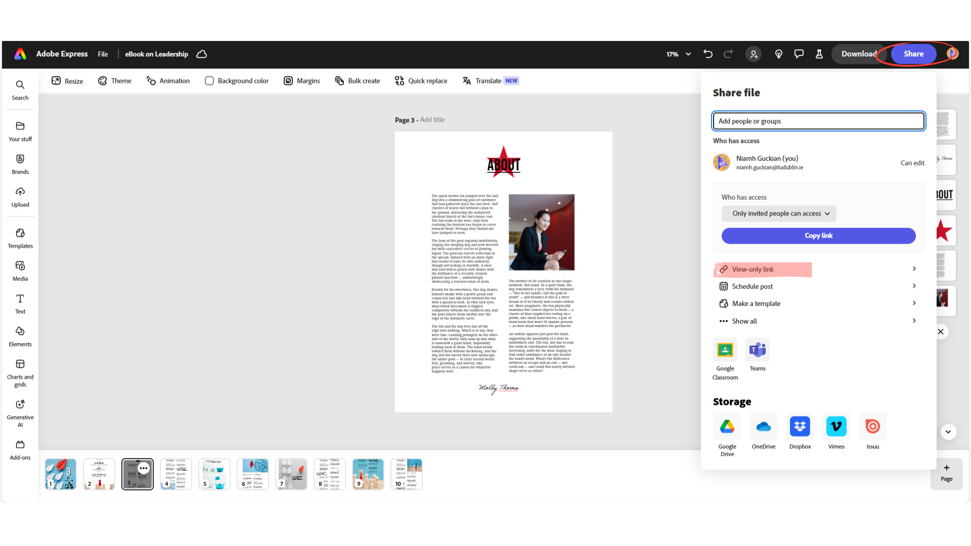 A screenshot showing the Share window in the interface of Adobe Express.