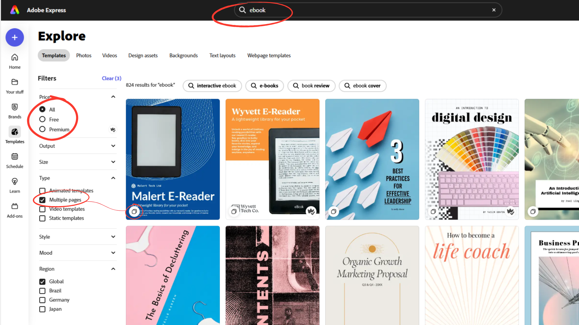 A screenshot of the Adobe Express template dashboard with red circles highlighting the price filter and the multiple pages filter.