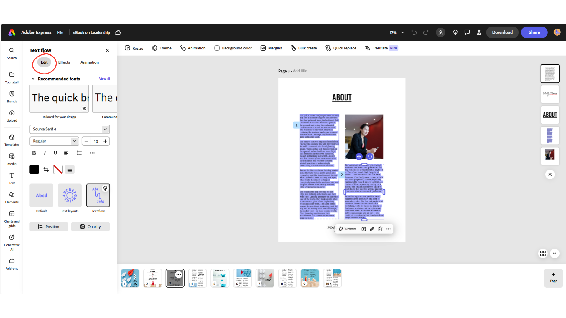 A screenshot showing the Text Edit window in the interface of Adobe Express.
