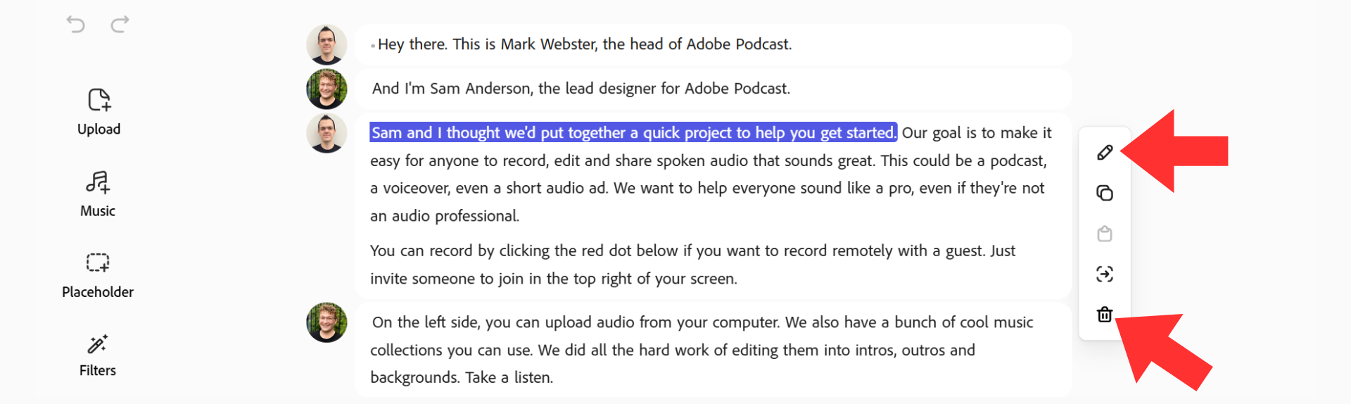 Adobe Podcast user interface showing text editing functions such as Delete and Copy.