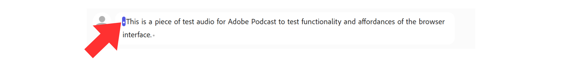 A red arrow points to a full stop in the text-editing mode of Adobe Podcast, which represents a pause or silence.