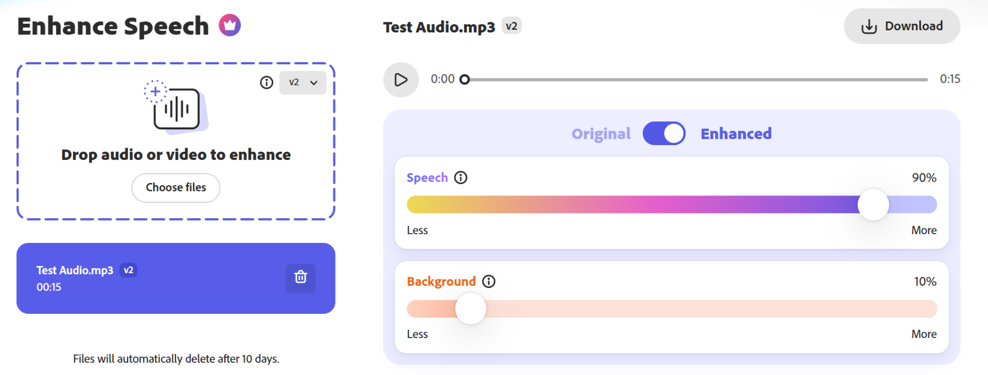 Interface of the Adobe Podcast speech enhancement tool with controls for uploading and adjusting audio files.