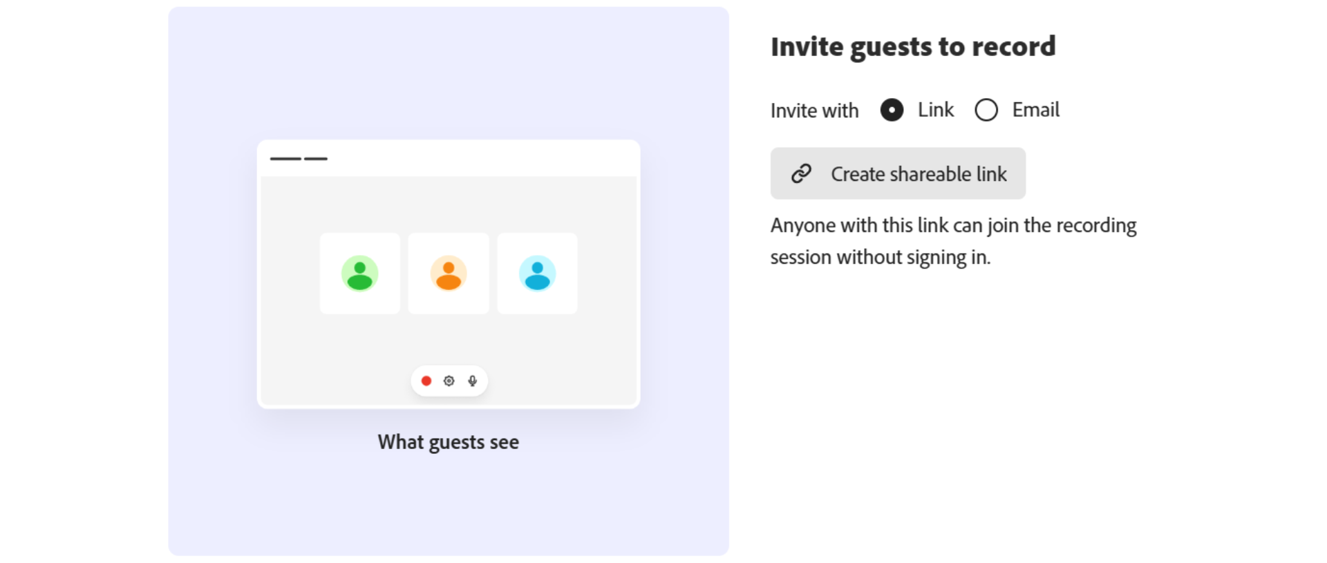 Adobe Podcast interface for inviting guests to a recording session, showing user icons and controls.