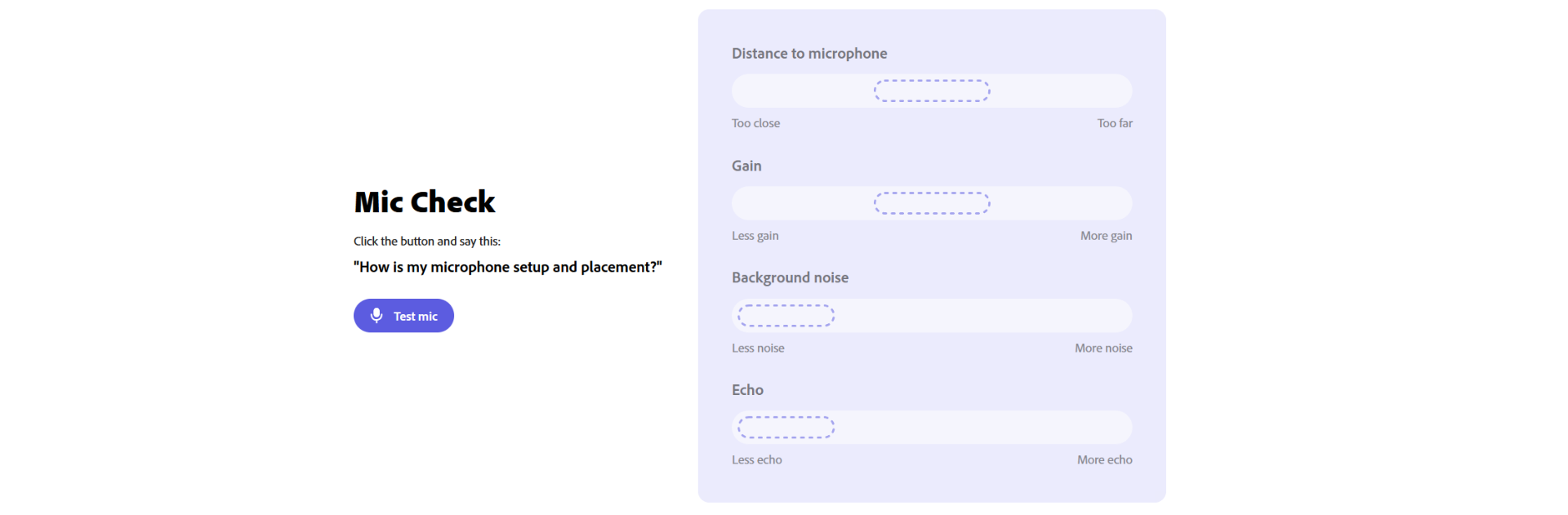 The Adobe Podcast microphone testing interface with sliders for distance, gain, noise, and echo.