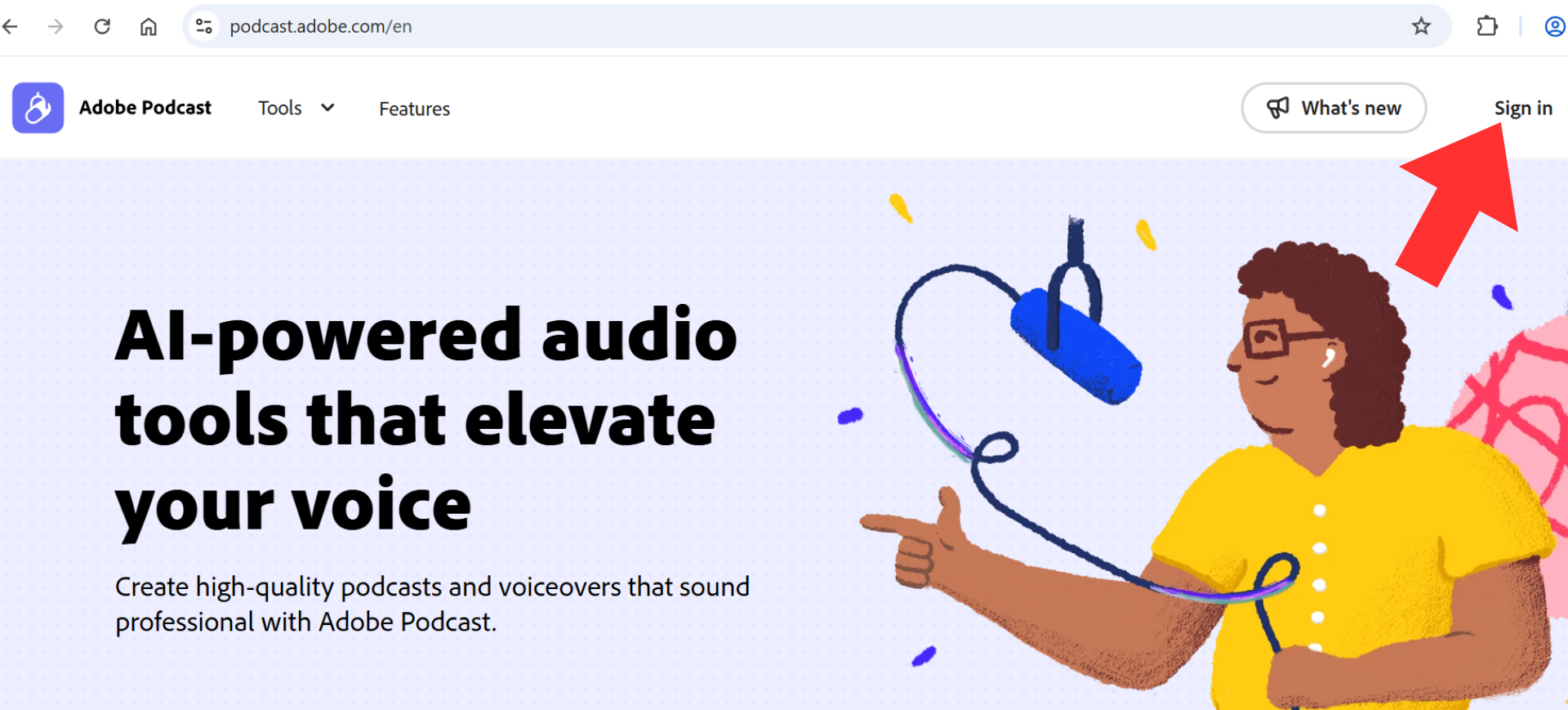 Adobe Podcast main webpage with a red arrow pointing to the 'Sign In' button.
