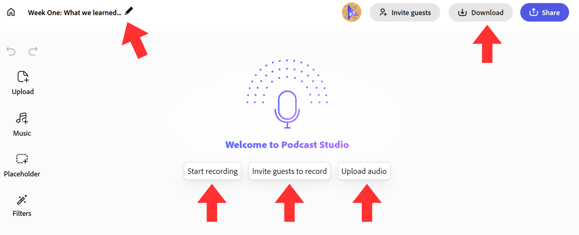 Screenshot of the Adobe Podcast studio interface with buttons for recording, inviting guests, and uploading audio.