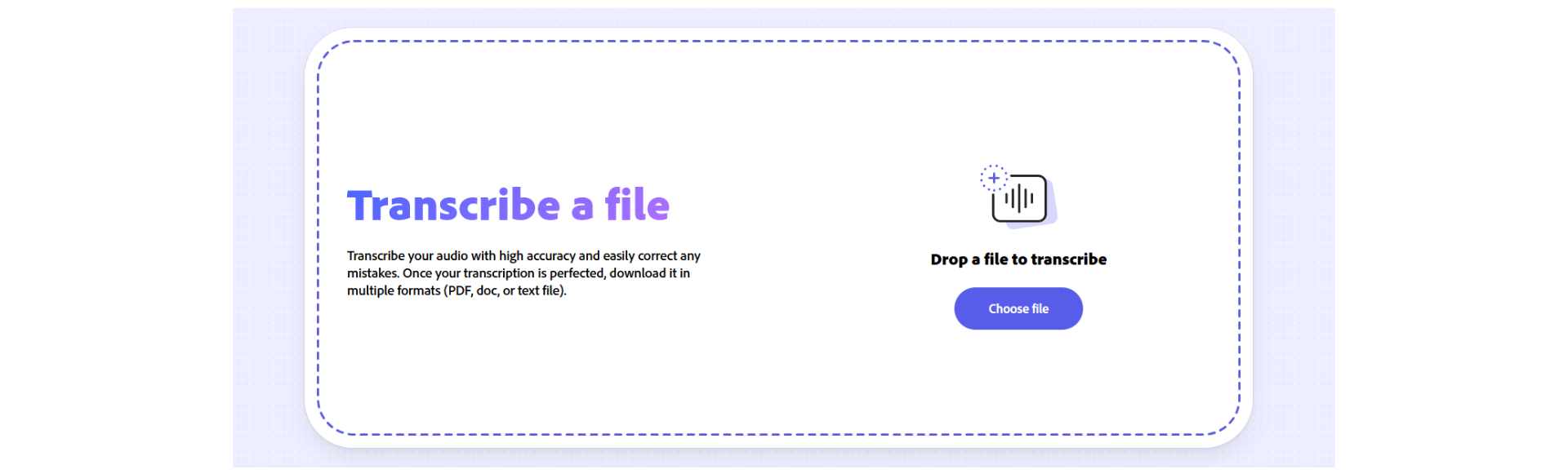 Adobe Podcast interface for transcribing files with options to upload audio files for transcription.