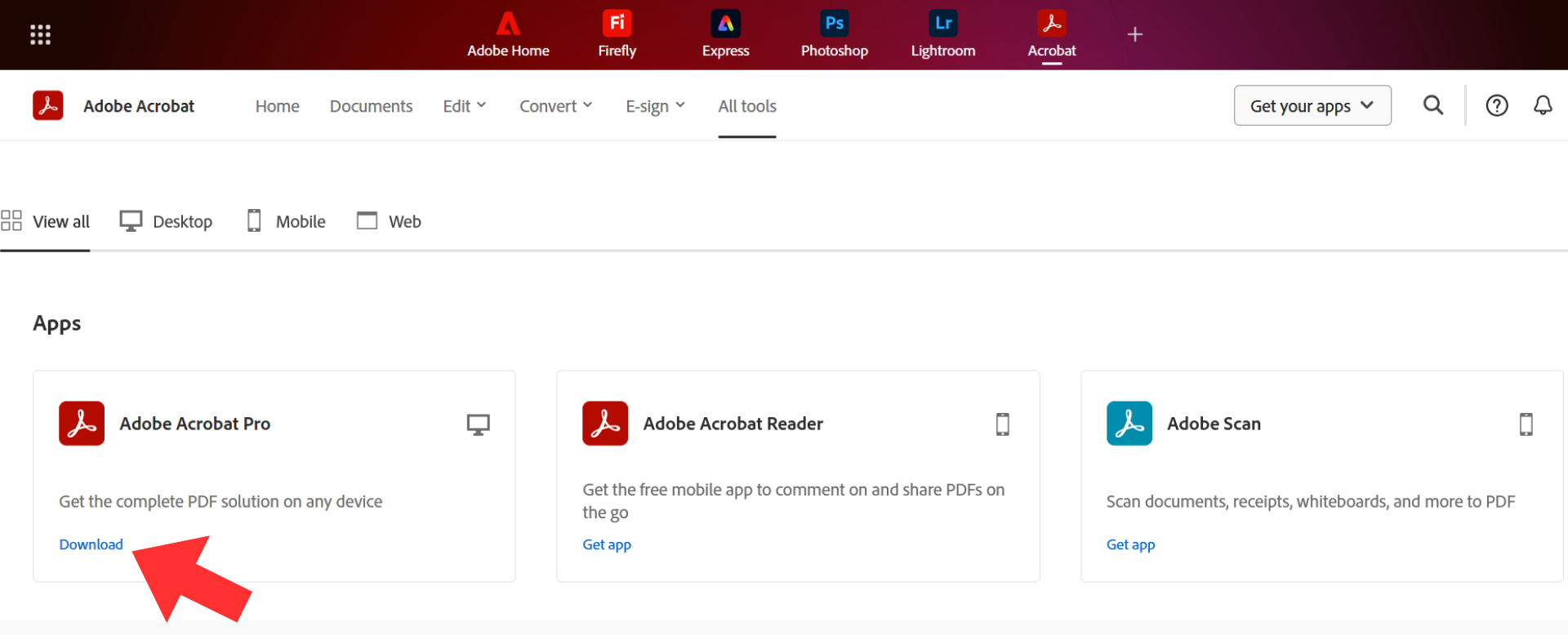 A screenshot of the Adobe account interface showing the Adobe Acrobat Pro app, with a red arrow highlighting the download button.