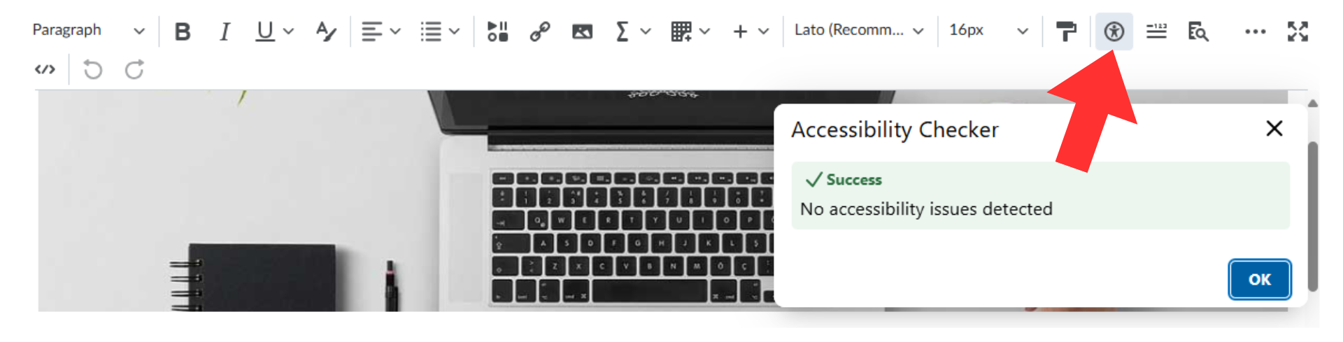 Brightspace editing toolbar with an activated Accessibility Checker showing no issues.