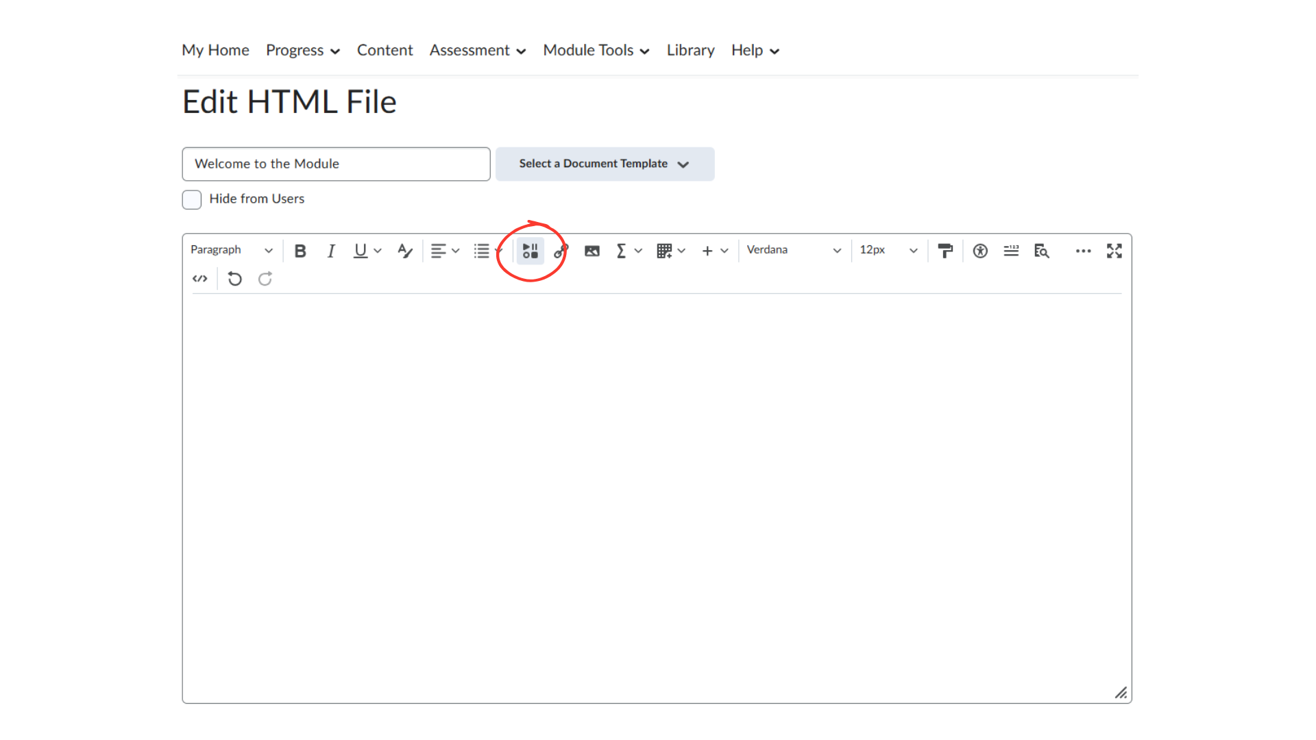 The Brightspace interface showing the Edit HTML File function.