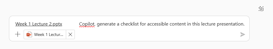 The Microsoft Copilot interface showing an attached file and a text prompt input to generate an accessibility checklist.