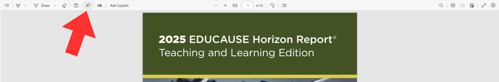 A PDF document opened in Microsoft Edge with a red arrow pointing at the Read Aloud button on the toolbar.