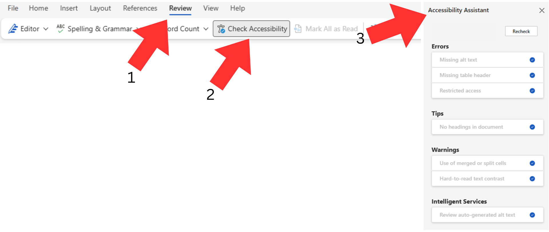 Screenshot of a Microsoft Word document showing the Review tab with Check Accessibility highlighted, and an Accessibility Assistant pane on the right.