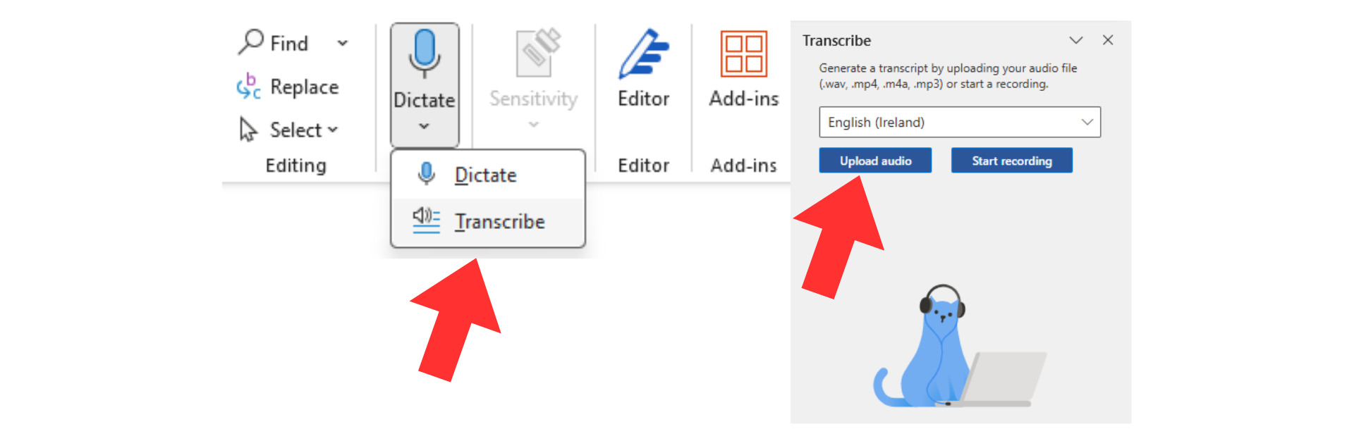 Screenshot of a Microsoft Word document highlighting the 'Transcribe' option, and a 'Transcribe' window with upload and recording features.