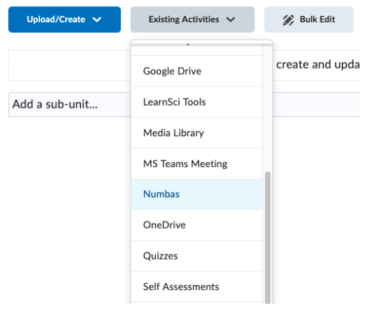 A screenshot showing how to create a link to a Numbas assessment in Brightspace