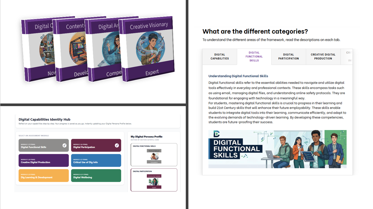Snips of the different parts of the new student resource, such as personas and assessments