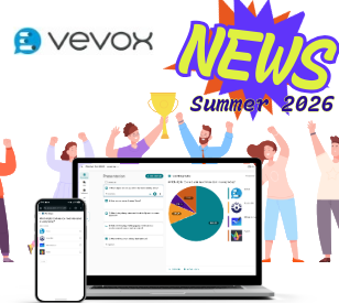 A laptop and phone showing Vevox with students in the background celebrating the new changes to the interface