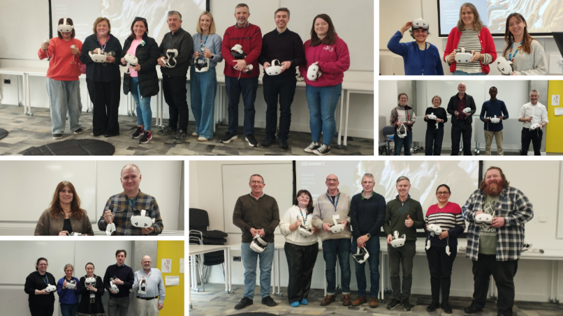 A composite of six separate groups of staff at TU Dublin, smiling and standing in a classroom holding Meta Quest VR headsets, having completed a VR staff taster session.