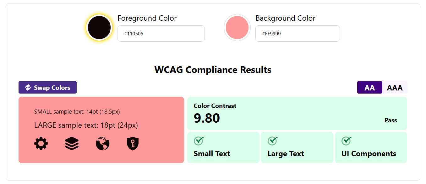WCAG colour contrast checker results showing a 9.80 ratio and a pass rating.