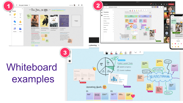 Three examples of collaborative whiteboards created on Microsoft Whiteboard