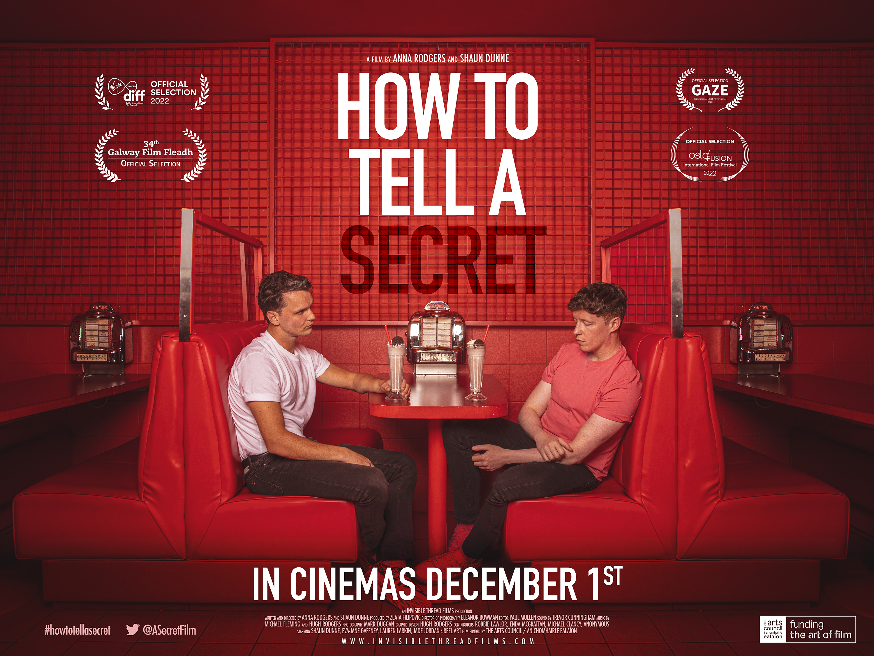 How to tell a secret film poster. image of two young men in a diner facing each other from opposite sides of a table, as though they are on a date. they each have a large milkshake in front of them. the man on the right stares intently at the man on the left, as the man on the left looks away, forlorn and distracted. large white text above them reads the film's title 