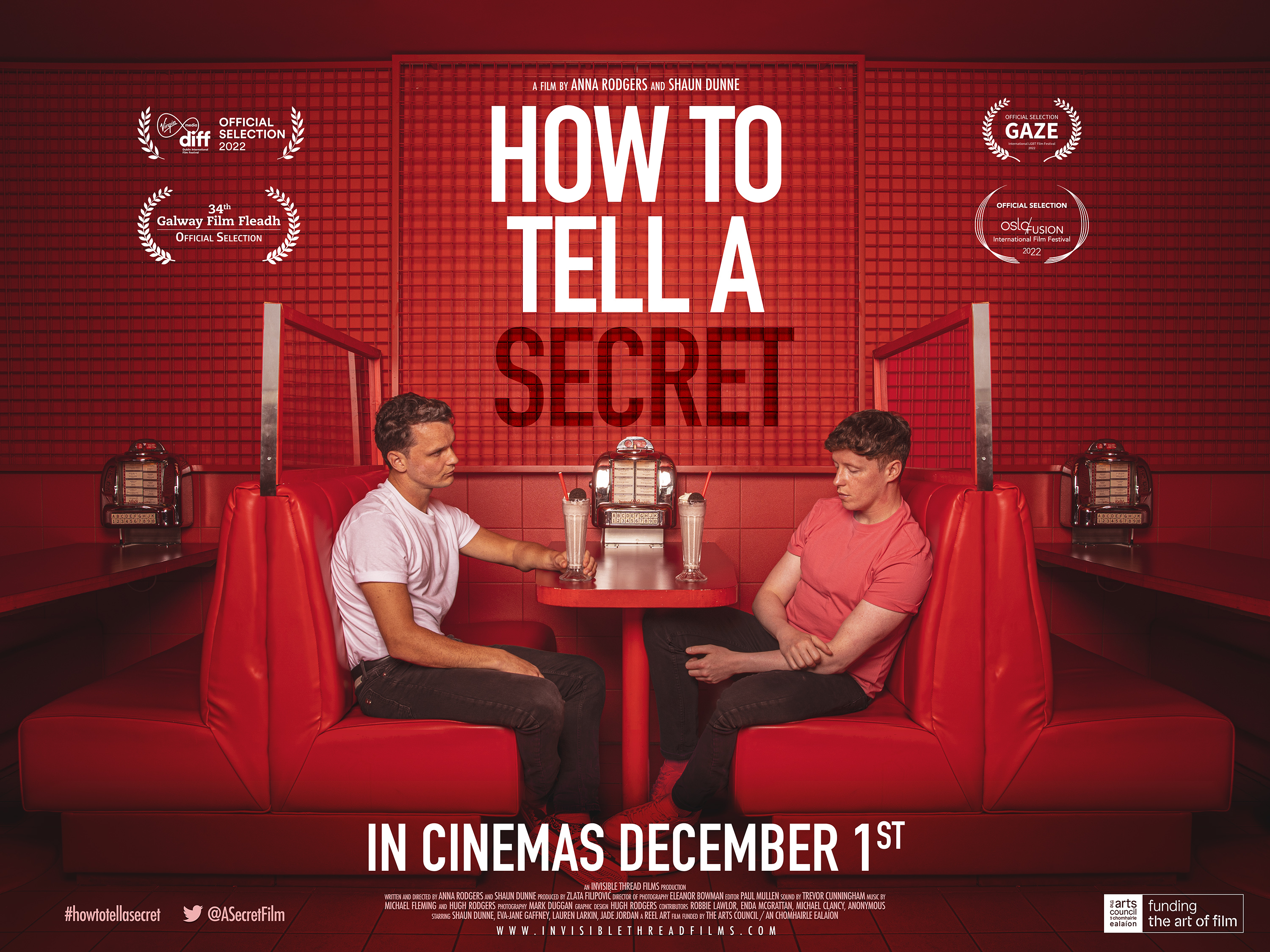 How to tell a secret film poster. image of two young men in a diner facing each other from opposite sides of a table, as though they are on a date. they each have a large milkshake in front of them. the man on the right stares intently at the man on the left, as the man on the left looks away, forlorn and distracted. large white text above them reads the film's title
