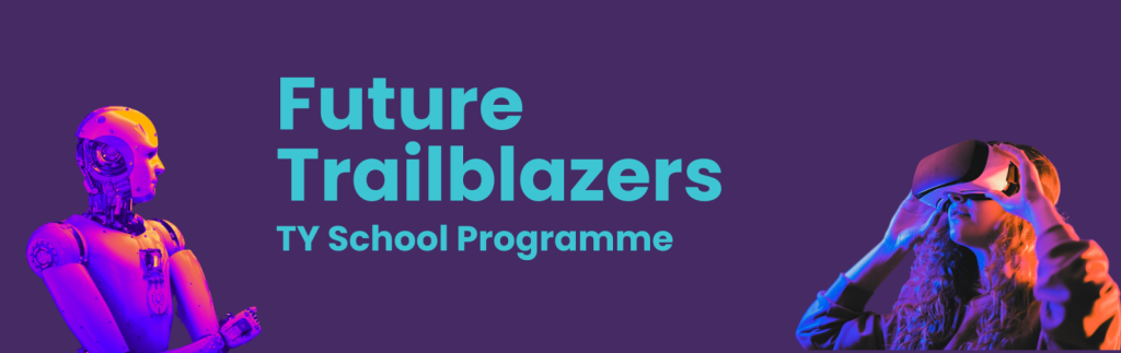 Purple banner with robotic figure to left, girl wearing VR googles to right with teal title in the middle reading 