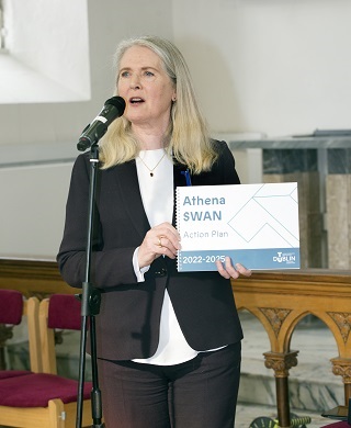 Prof. Yvonne Galligan at the microphone on the Launch of the Athena SWAN Action Plan on International Women's Day, March 2022