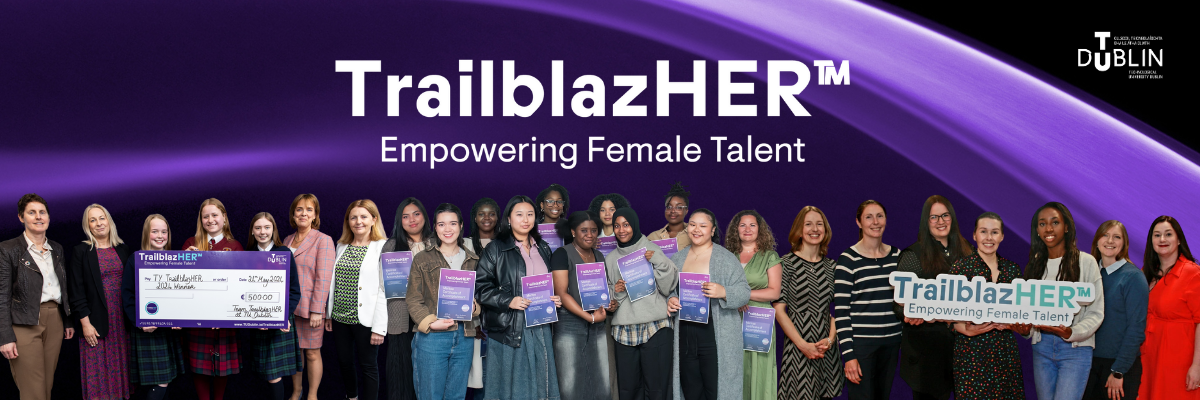 Black background with purple drape off centre with TU Dublin and TrailblazHER logos top right