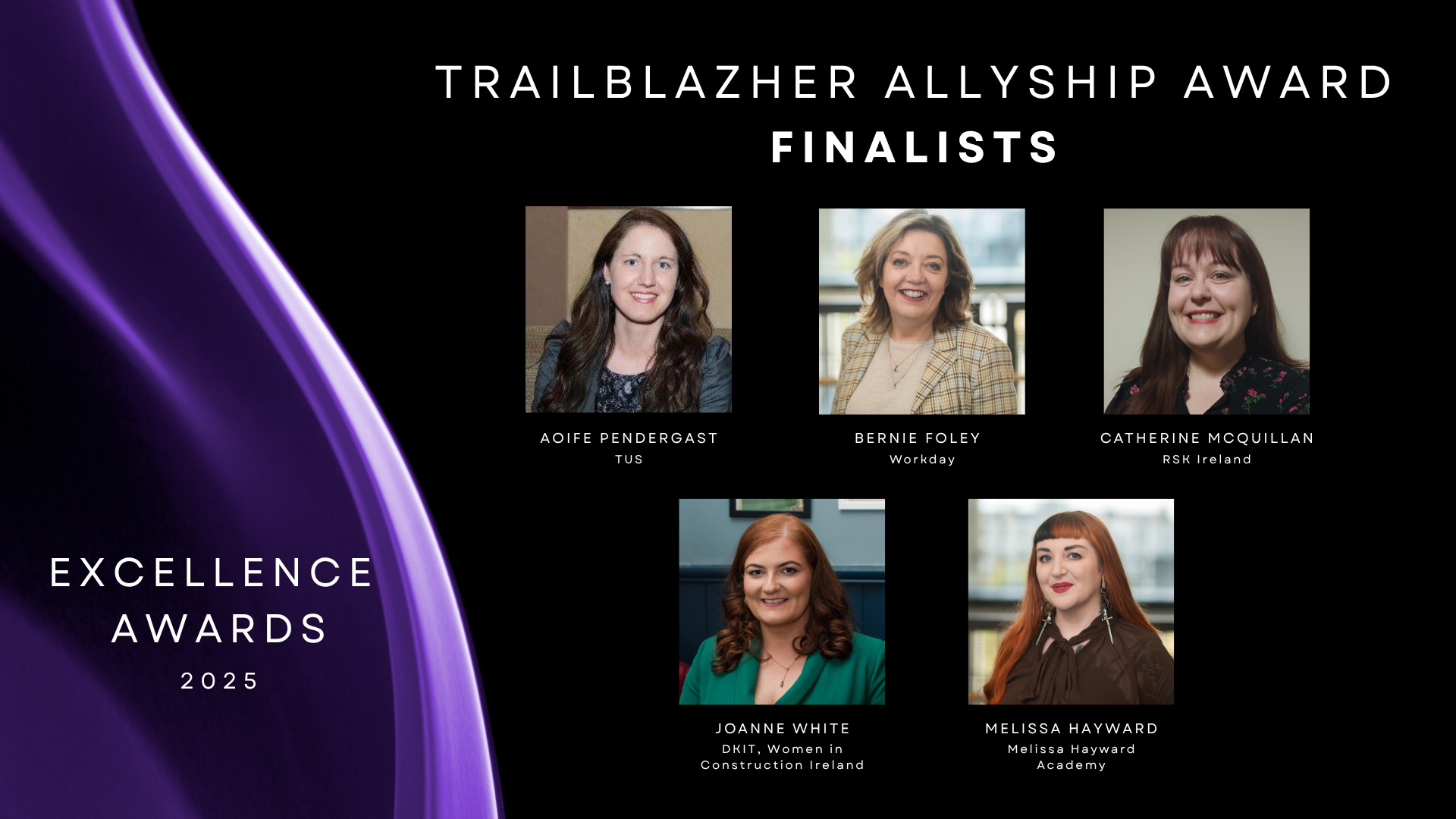 Black background with purple drape to the left with 5 finalists headshots to the right
