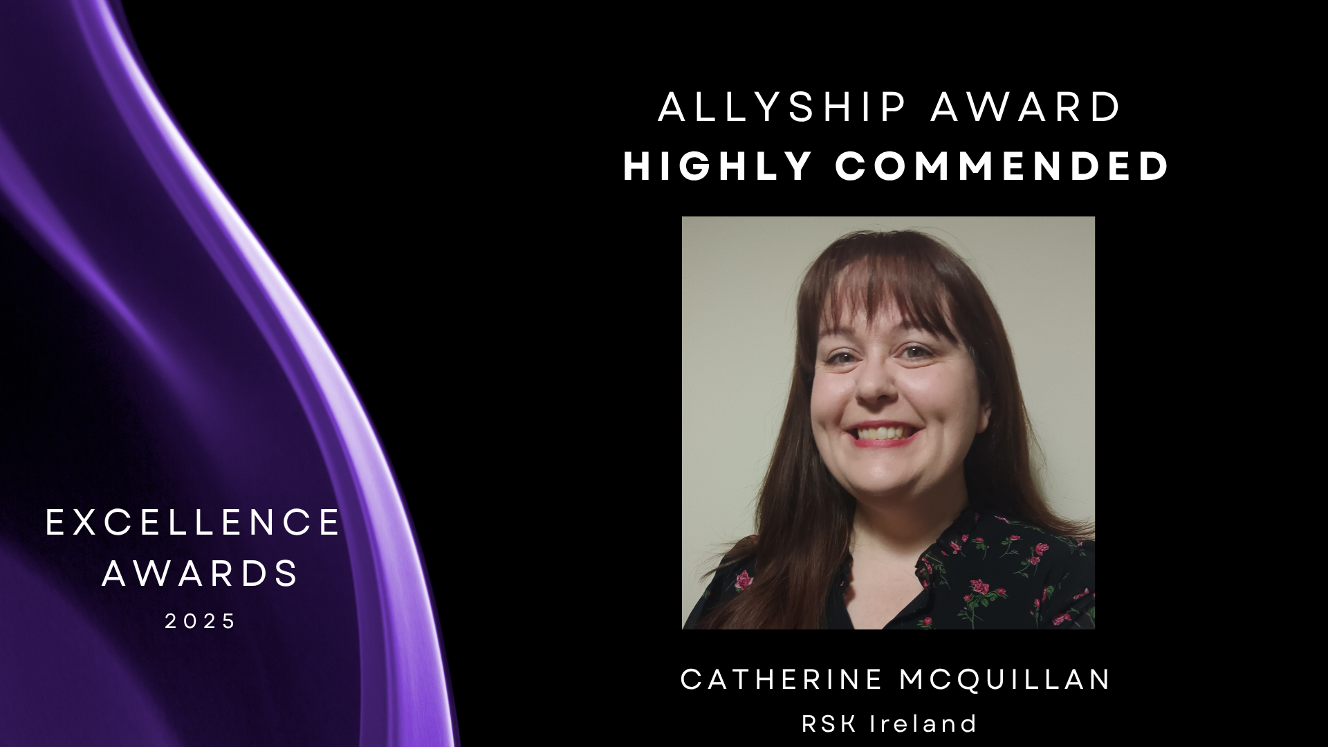 Black background with purple to left and headshot of Catherine McQuillan to the right