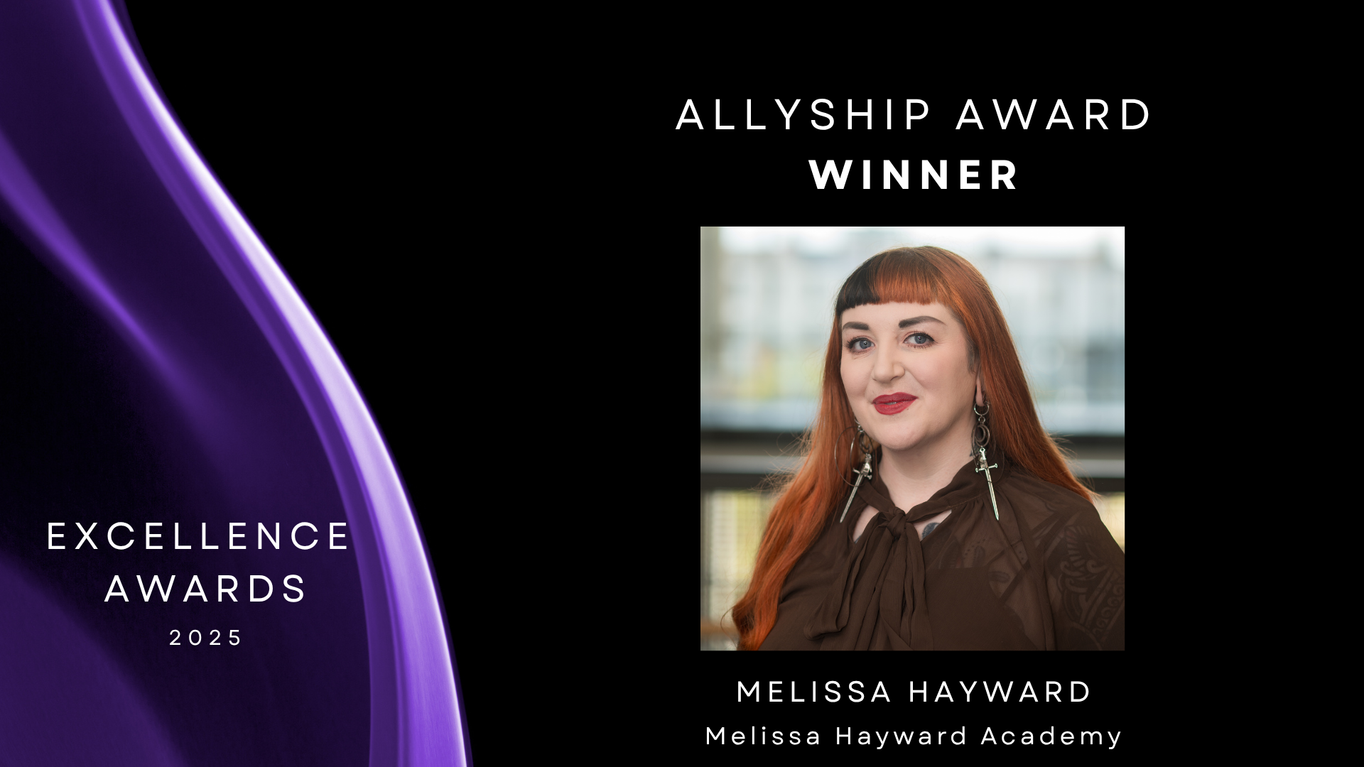 Black background with purple to left and headshot of Melissa Hayward