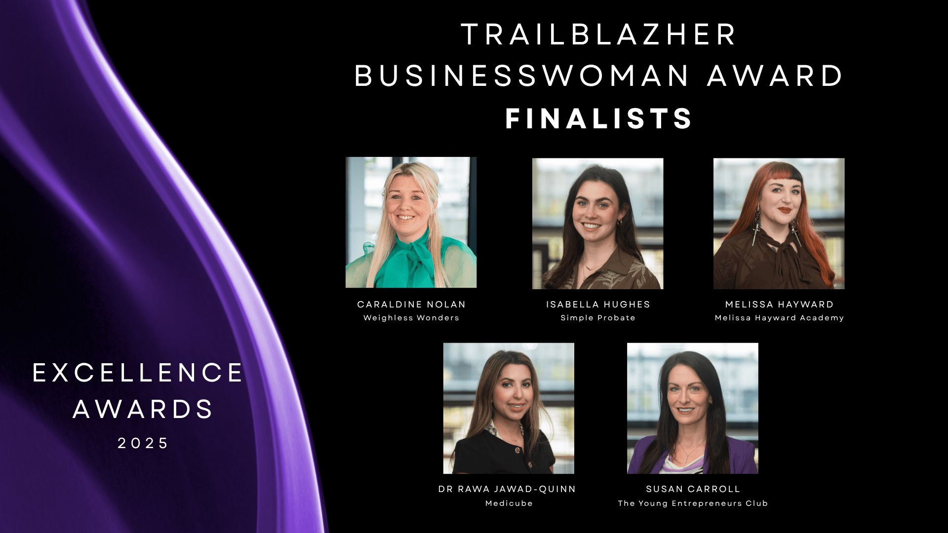 Black background with purple drape fabric to left. Headshots of 5 finalists to the right.