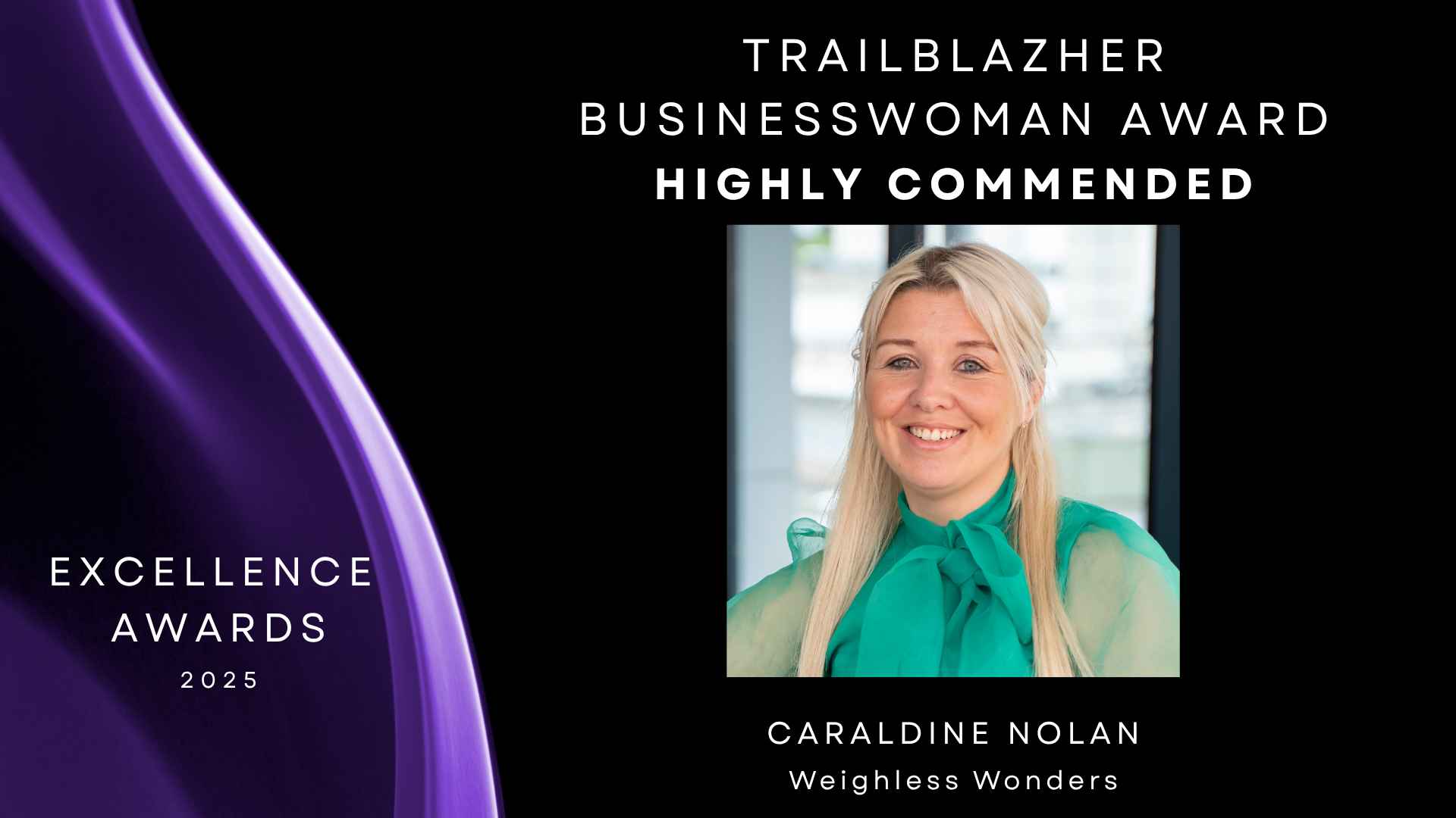 Black background with purple to left and headshot of Caraldine Nolan with their name and 