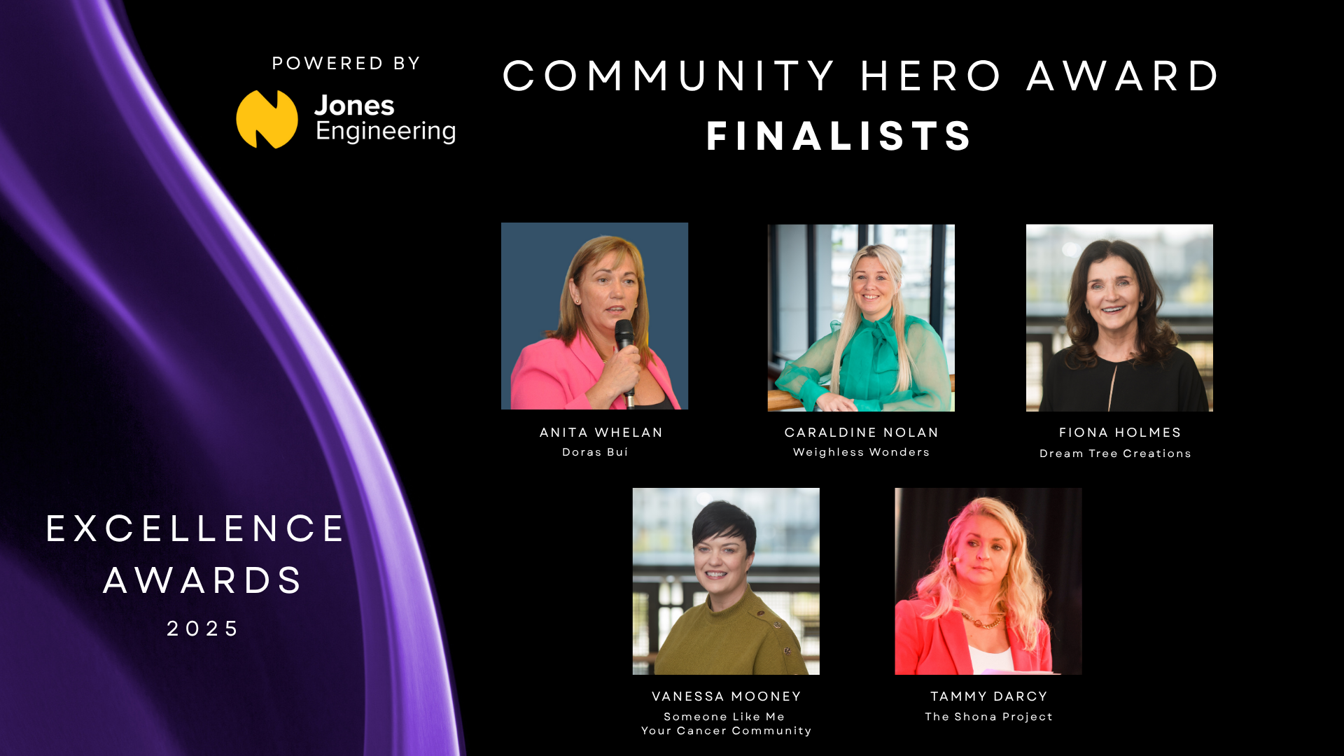 Black background with purple to left and 5 finalists headshots to right.